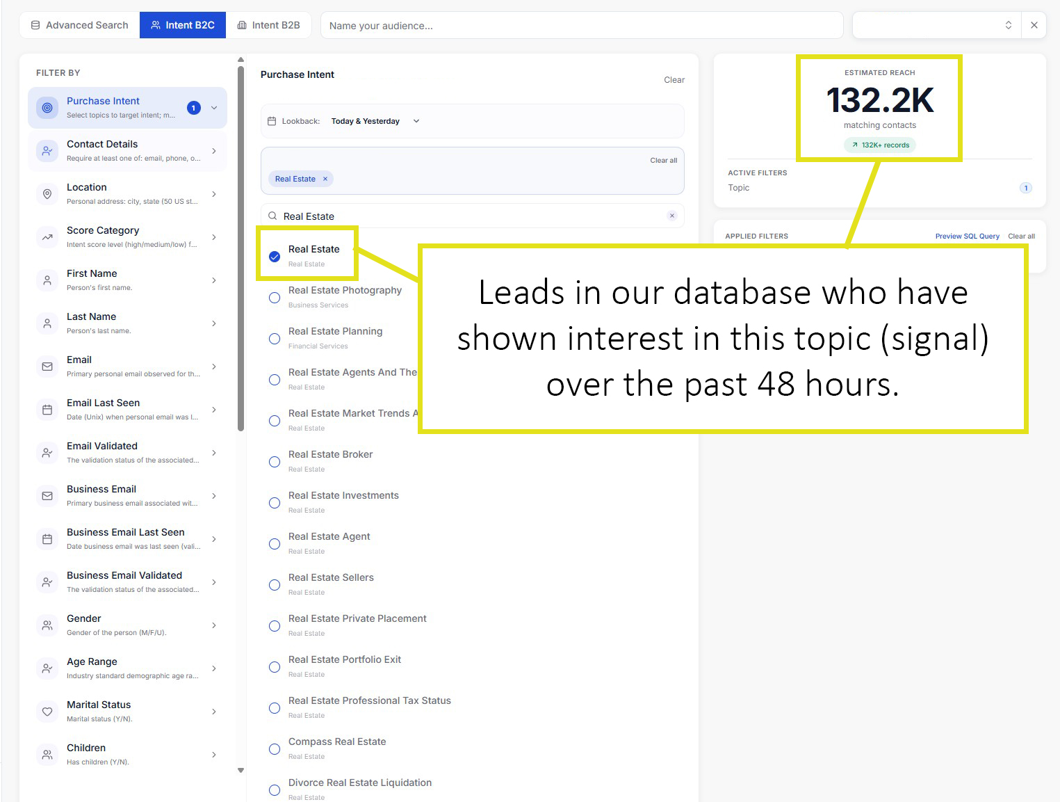 MXM Intent audience builder filtering real estate purchase intent signals with 132.2K estimated reach
